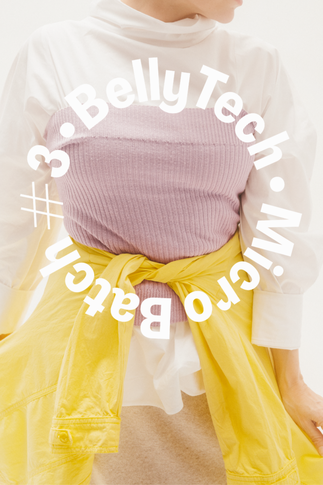 Photo of a female torso with a lilac knitted core warmer and a yellow shirt. Text read BellyTech Micro Batch 3.