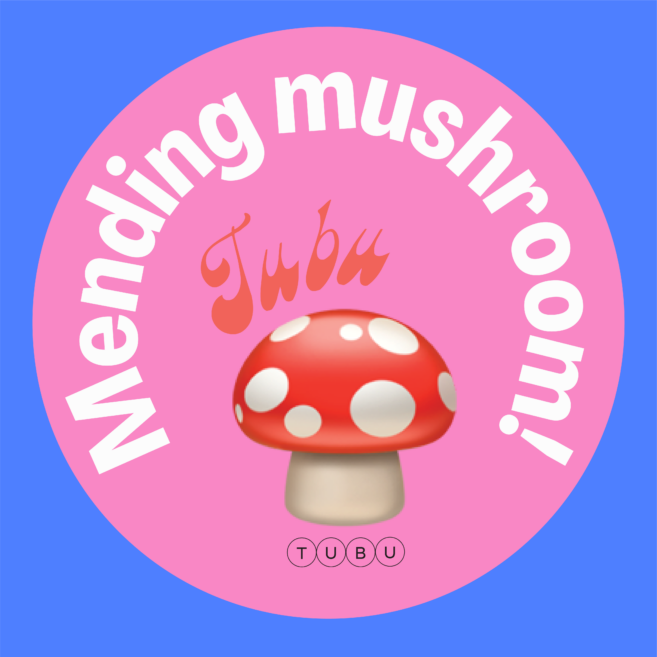 Pink circle on blue background with white letters spelling ot Mending Mushroom! An illustrated fly agaric mushroom is also pictured.