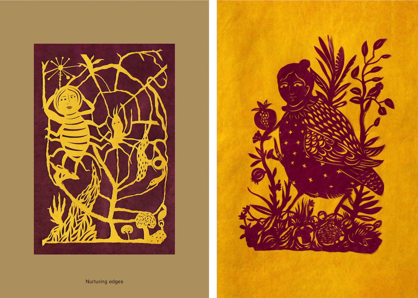 Two yellow and red illustrated images depicting multi-species creatures. 
